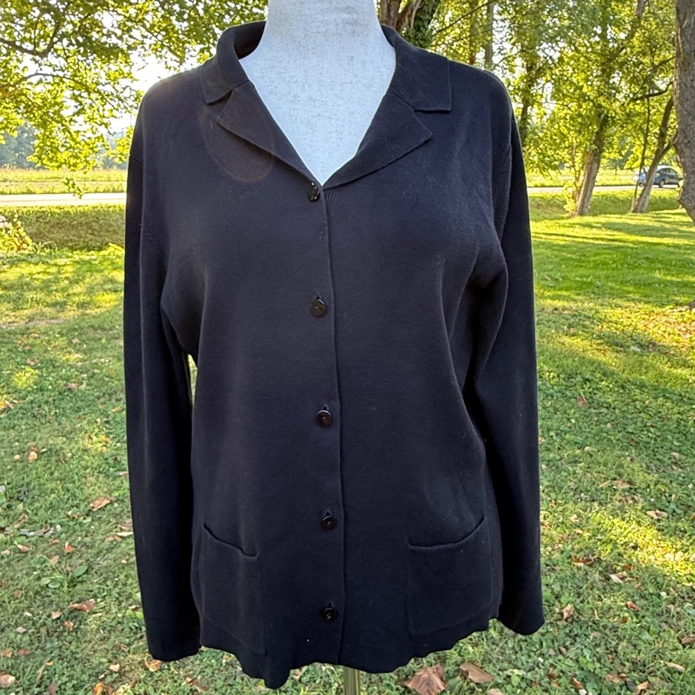 Talbots Womens XL Black Cotton Button Front Cardigan Sweater Collared Pockets